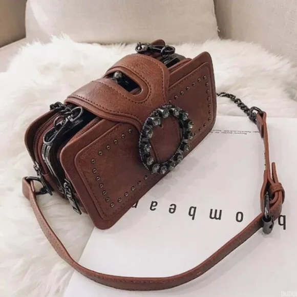 Brown Studded Bag Rhinestone Buckle Chain Crossbody Punk Goth Rocker Purse - Picture 3 of 9